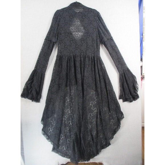Gothic Black Lace High Low Dress Bell Sleeve Victorian Steampunk Dress Top - Picture 13 of 16